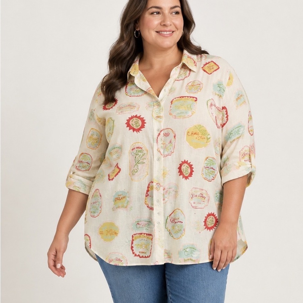 CYNTHIA ROWLEY Olive Oil Print Linen Blend Button Down Shirt Blouse 2X 22/24